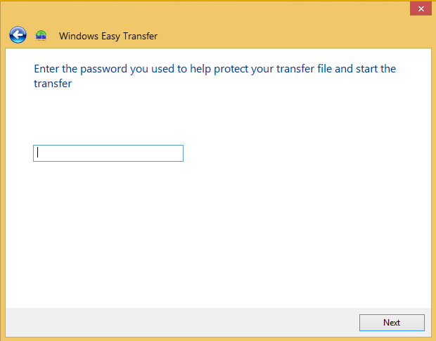 A screenshot of the Windows Easy Transfer wizard asking for the password.