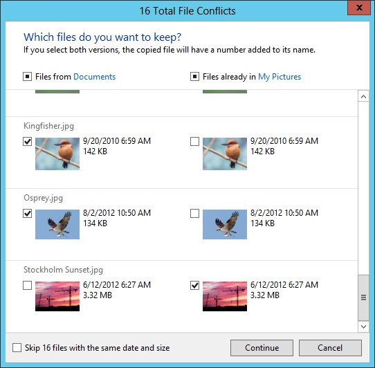 File Explorer includes a new user interface for selecting which files should be kept or overwritten.