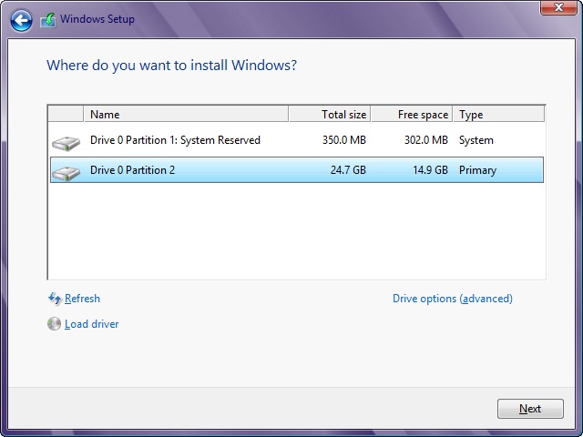 Choose the partition on which you want to install Windows.