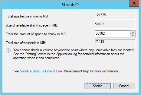 Shrink an existing volume to make room for a new Windows 8.1 partition.