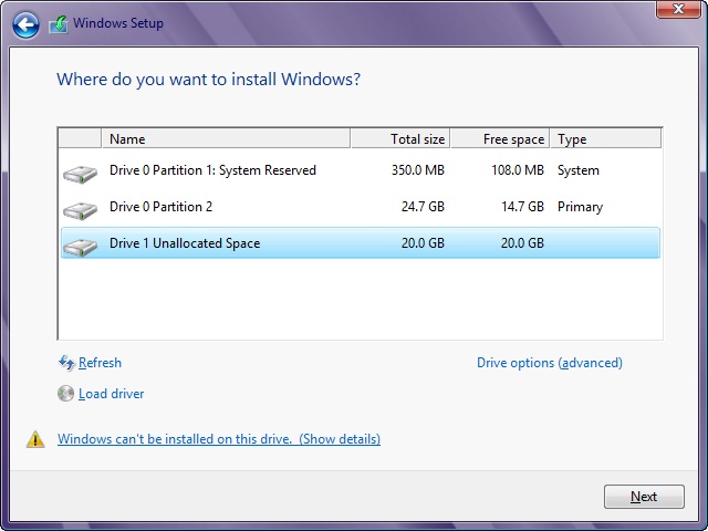 Ignore the warning that Windows can’t be installed on the drive.