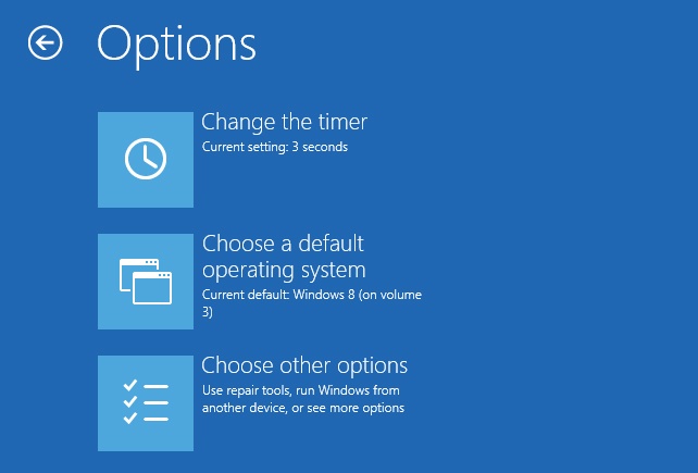 Use the Options page to configure how long Windows waits for you to select an operating system.