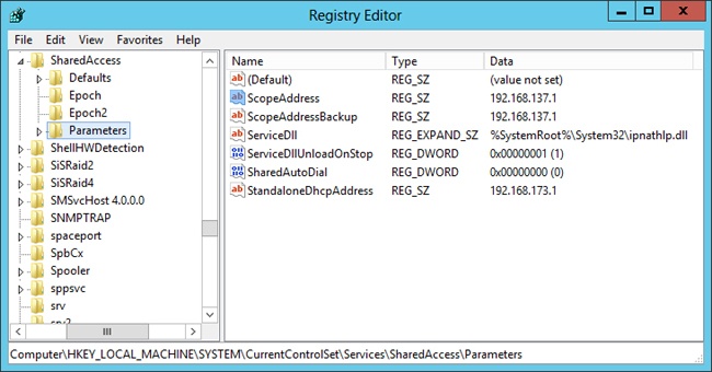 Use the Registry Editor to change the IP address that ICS uses.