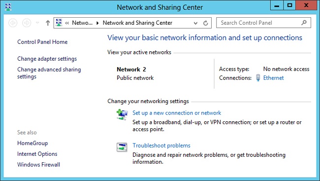 Access Type within Network And Sharing Center shows whether you can reach the local network or the Internet.