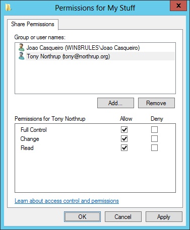 Use the Permissions dialog box to specify share permissions.