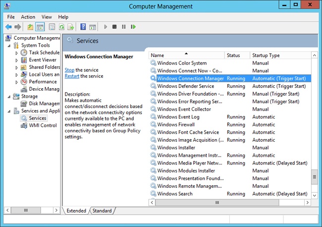 Use the Computer Management console to configure services.