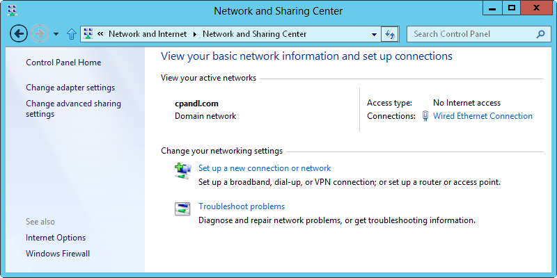 Screen shot of the Network And Sharing Center, showing access to configuring sharing, discovery, and networking options.
