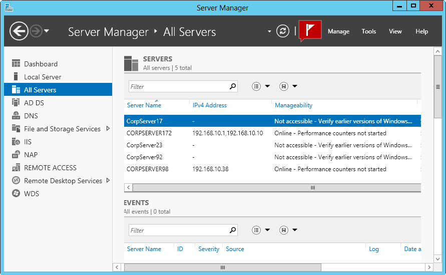 Screen shot of the All Servers page in Server Manager, showing the Manageability status of each server.