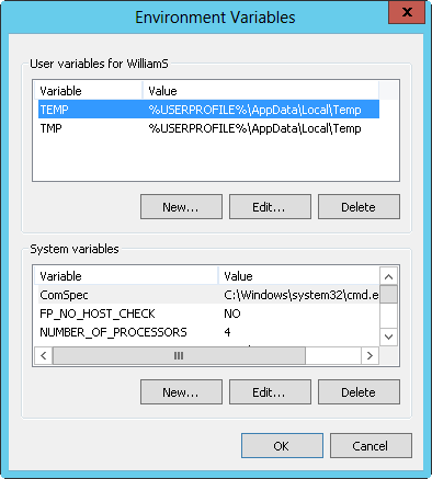 Screen shot of the Environment Variables dialog box, showing configuration for system and user environment variables.