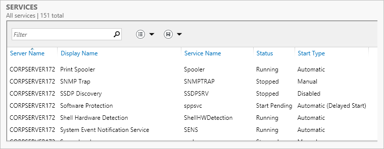 Screen shot of the Services panel in Server Manager, showing services on local and remote servers.