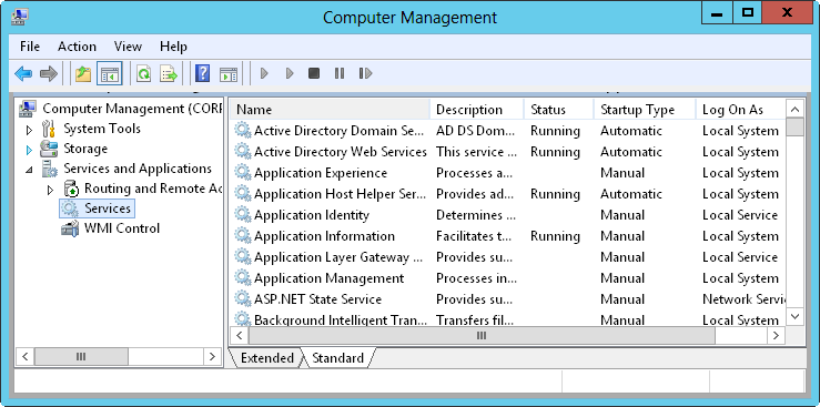 A screen shot of the Services pane in Computer Management, showing services on local and remote services.