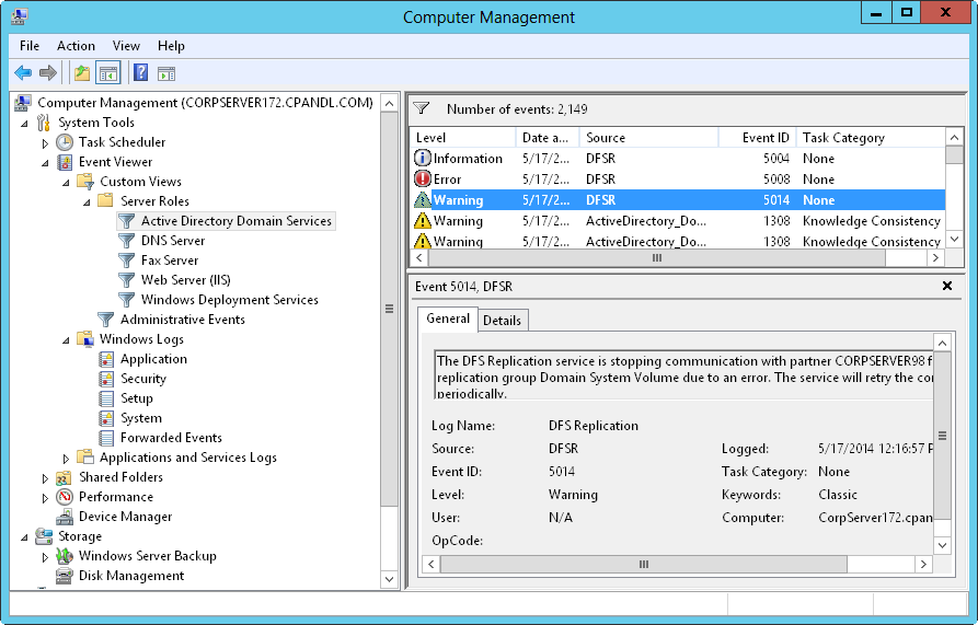 Screen shot of the Event Viewer in Computer Management, showing events for the selected log or custom view.