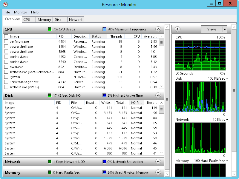 Screen shot of the Resource Monitor, showing resource usage on the server.