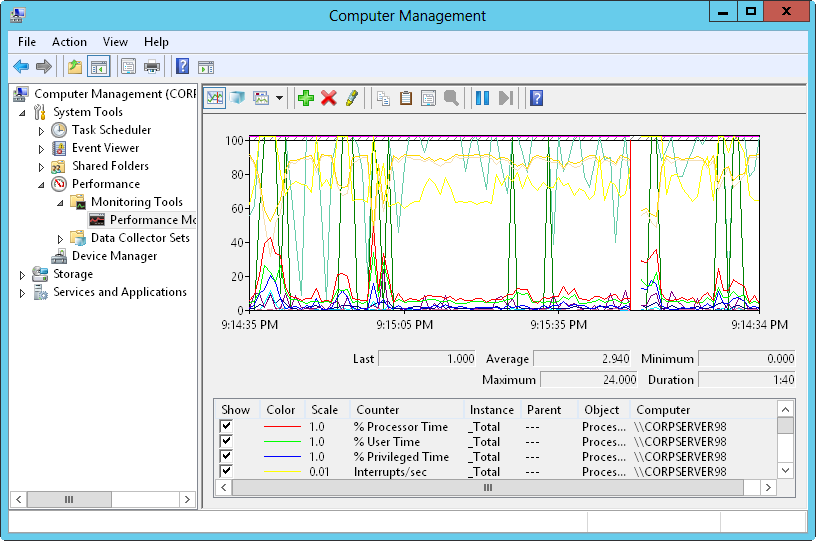 Screen shot of the Performance Monitor showing performance measurements for the server.