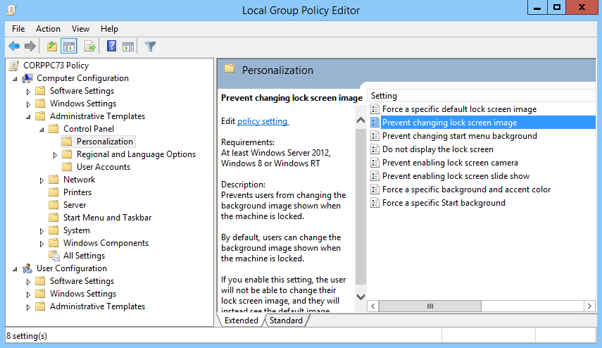 Screen shot of the Local Group Policy Management Editor, with the Prevent Changing Lock Screen Image policy selected.