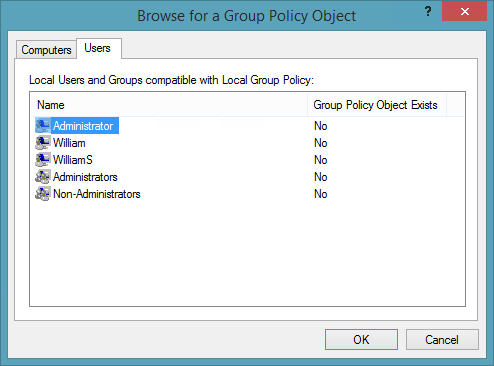 Screen shot of the Browse For A Group Policy Object dialog box, showing the local users and groups that can be managed.