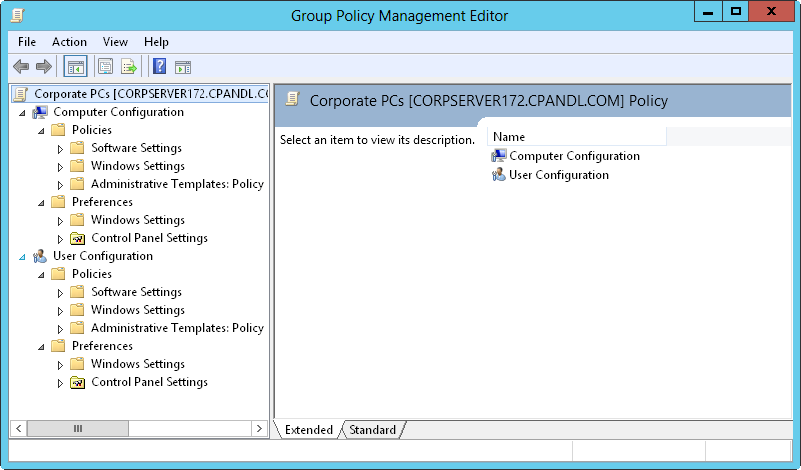 Screen shot of the Group Policy Management Editor, showing Computer Configuration and User Configuration in the main pane.