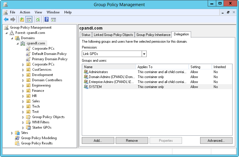 Screen shot of the Group Policy Management console, showing permissions for Group Policy management in the Delegation tab for the selected domain.