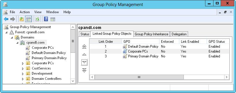 Screen shot of the Group Policy Management console, showing the processing order and precedence of GPOs for the selected domain on the Linked Group Policy Objects tab.
