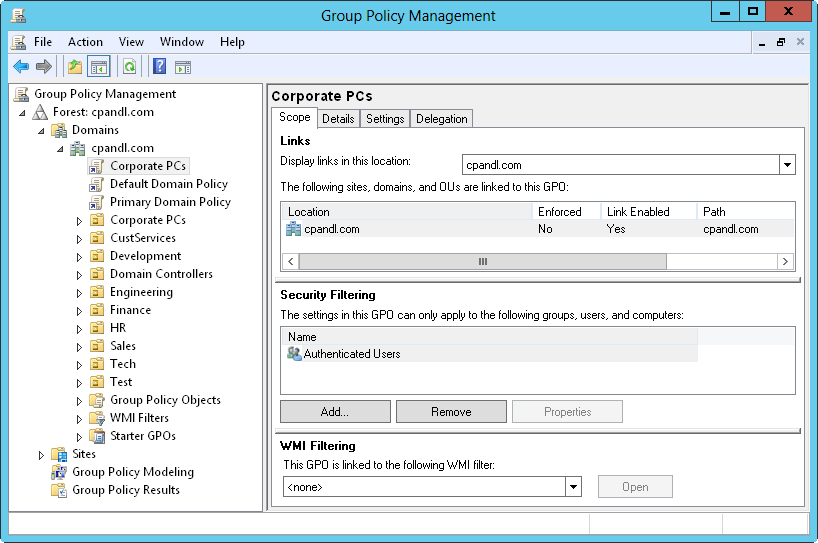 Screen shot of the Group Policy Management console, showing policy inheritance on the Scope tab.