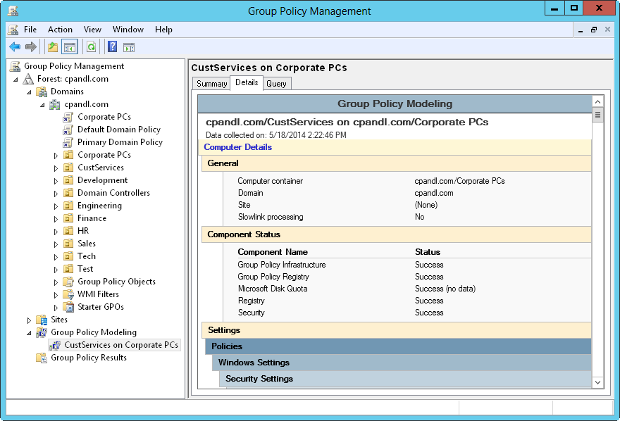 Screen shot of the Group Policy Management console, showing the report of the modeling.