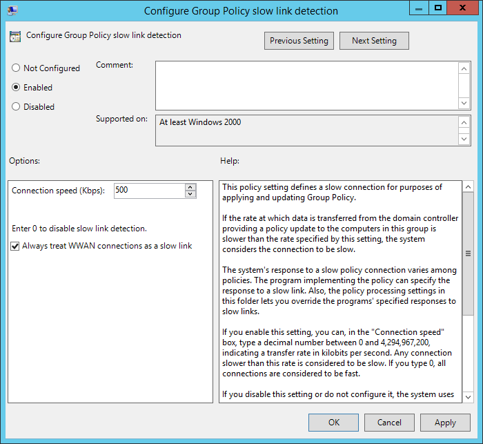 Screen shot of the Configure Group Policy Slow Link Detection dialog box, with the connection speed set to 500 Kbps and the Always Treat WWAN Connections As A Slow Link check box selected.