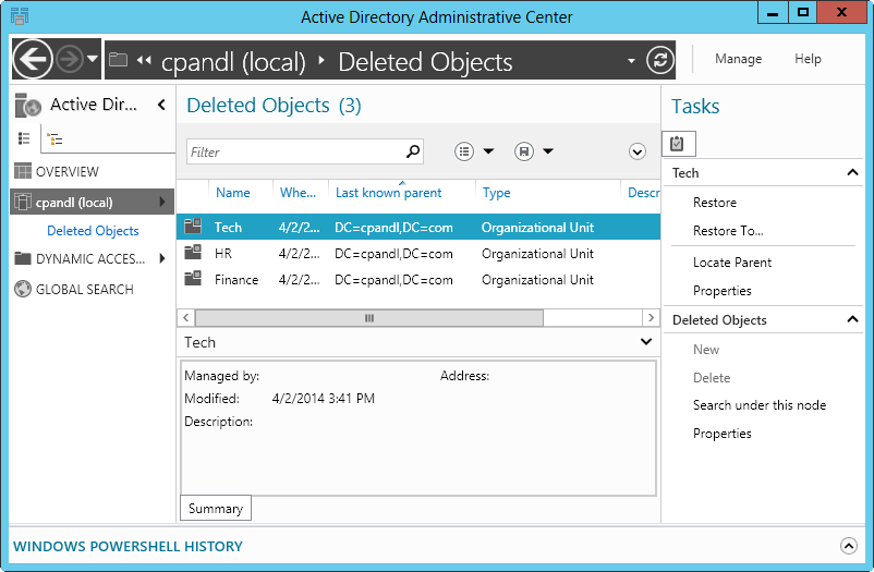 Screen shot of the Active Directory Administrative Center, showing objects that have been deleted, and whose deleted object lifetime has not expired, in the Deleted Objects container.
