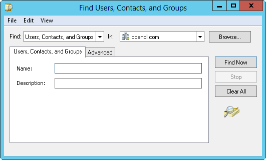 Screen shot of the Find Users, Contacts, And Groups dialog box, where you can search for resources in Active Directory.