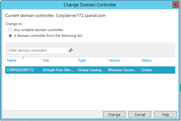 Screen shot of the Change Domain Controller dialog box. In the Change To section, the A Domain Control From The Following List option is selected.