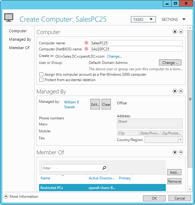 Screen shot of the Create Computer dialog box, where you can create new computer accounts, and set properties for Managed By and Member Of.