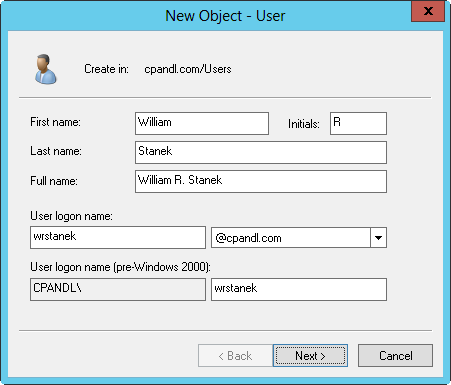 Screen shot of the New Object - User dialog box, where you can set the user display and logon names.