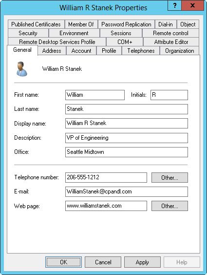 Screen shot of the Properties dialog box for a user in Active Directory Users and Computers, where you can configure general contact information for the user on the General tab.