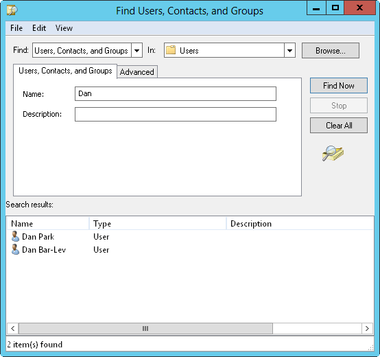 Screen shot of the Find Users, Contacts, And Groups dialog box, where you can search for users in Active Directory.
