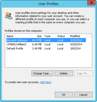 Screen shot of the User Profiles dialog box, showing existing local profiles.
