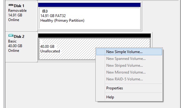 Create a new simple volume on the new disk.