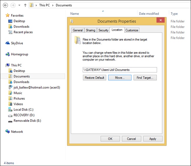 Configure a new location for saving data in default folders.