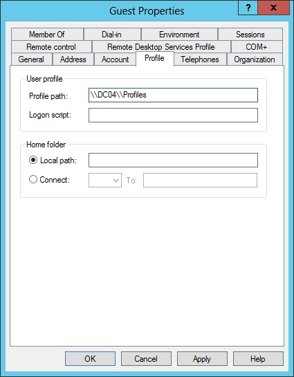 Configure the profile path of the roaming user profile on the user’s Properties dialog box.