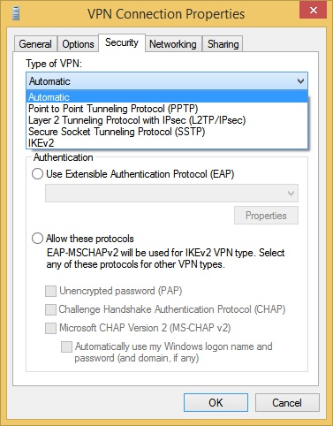 Explore protocol and authentication options from a VPN connection’s Properties dialog box.