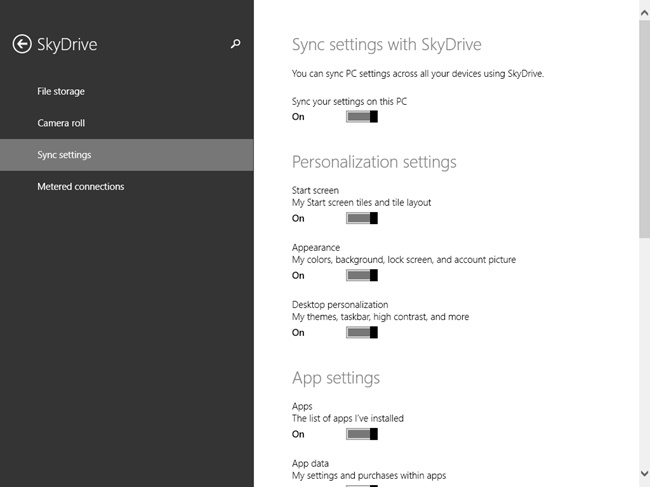 Use PC Settings to configure what settings to sync on the computers you log on to with your Microsoft account.