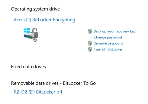 Configure BitLocker To Go from Control Panel’s BitLocker Drive Encryption window.