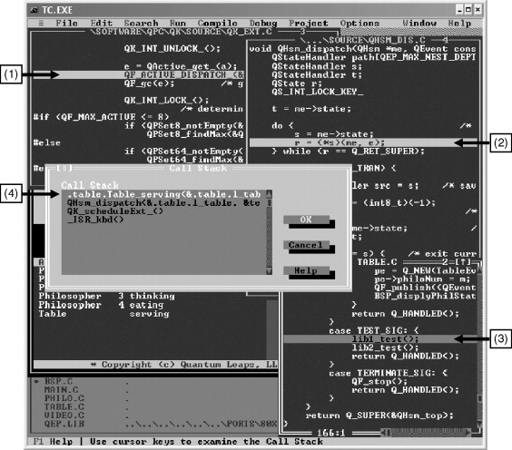 Asynchronous preemption examined in the Turbo C++ debugger.