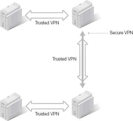 A hybrid VPN consisting of a secure VPN segment within a trusted VPN.