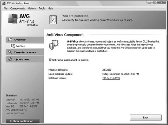 AVG Anti-Virus configuration pages showing current infection definitions count.