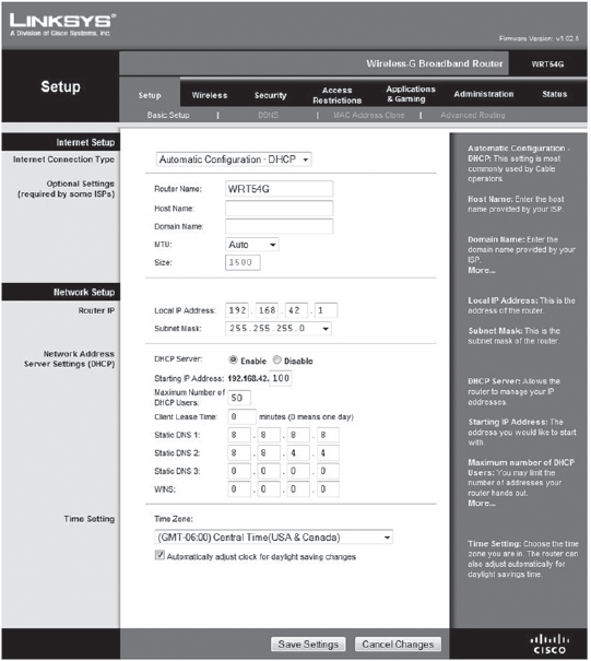 The initial configuration screen on a Cisco Linksys wireless router.