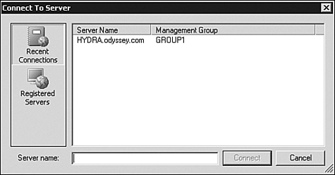 The Connect to Server dialog box stores the name of the RMS and associated management group.