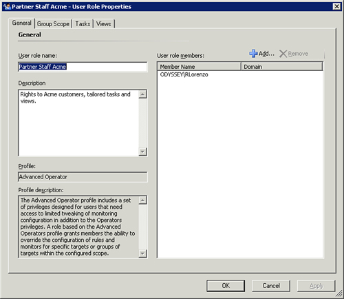 Properties of a custom user role, viewed with the OpsMgr console.