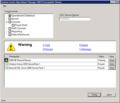 Prerequisite report for Operations database installation.