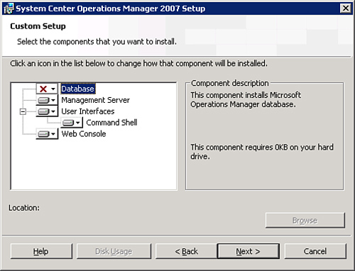 Custom installation for all components except for the Operations Database Component.