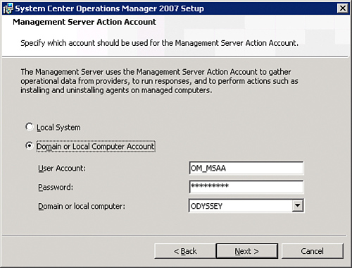 Specifying the Management Server Action Account to use.