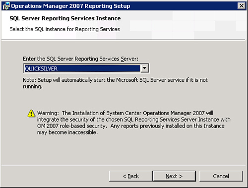 Specify the Reporting SQL Server instance.